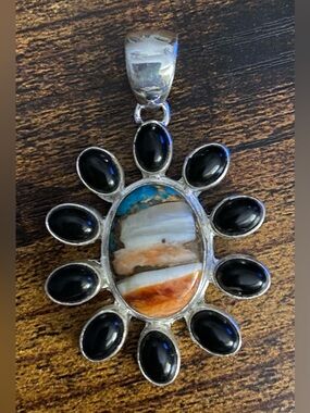 Spiny Oyster and Black Onyx Pendant set in 925 Sterling Silver  P19